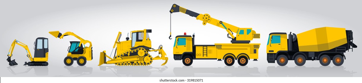 Nice silhouette Yellow Big Set of Ground Works Machines Vehicles Construction and Equipment for building Truck Digger Crane Forklift Small Bagger Mix Roller Extravator Transportation