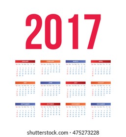 Nice and simple colorful 2017 calendar, vector illustration isolated on white background. Fresh and clean calendar for the year 2017, week starts from sunday