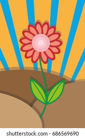 Nice and simple flower on the small hills with sunny and sky in background. Artwork with shadows from bottom. Positive calm colors in self made vector illustration.