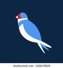 Nice simple logo of a bird. Cute flat swallow with blue and white body and red face. Good choice of logotype for your company. Design of vector illustration on the blue background.