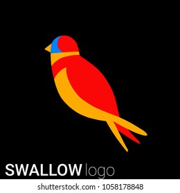 Nice simple logo of a bird. Cute flat swallow with red body and blue face. Good choice of logotype for your company. Design of vector illustration on the black background.