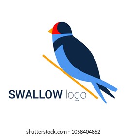 Nice simple logo of a bird on a tree. Cute flat swallow with blue body and red face. Good choice of logotype for your company. Design of vector illustration on the white background.