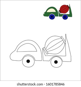 Nice simplified car concrete mixer with an example. Coloring book for children. Machine isolated on a white background. Vector hand drawn illustration