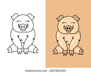 Nice sitting boar. Flat vector illustration with outline.