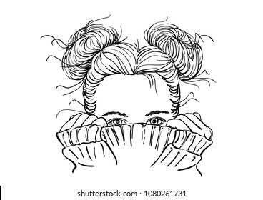 Nice sketch of teenage girl with two buns hairstyle hiding her face in warm knitted sweater, only her beautiful eyes be seen, Hand drawn vector illustration on white background