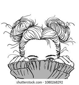 Nice sketch of teenage girl with two buns hairstyle hiding her face in warm grey knitted sweater, only her beautiful eyes be seen, Hand drawn vector illustration on white background