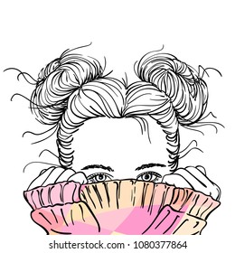 Nice sketch of teenage girl with two buns hairstyle hiding her face in warm pink knitted sweater, only her beautiful eyes be seen, Hand drawn vector illustration on white background