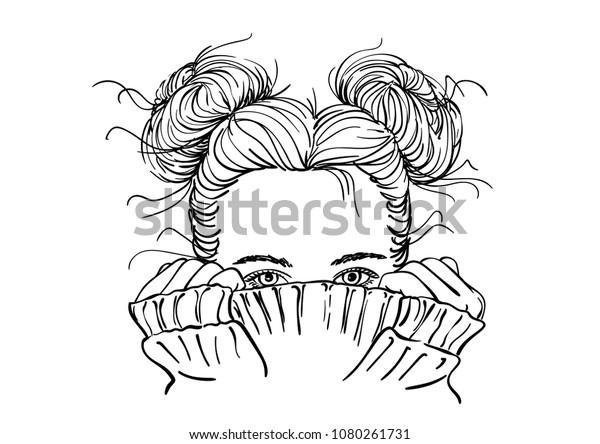暖かい編み物のセーターで顔を隠す2つのバンの髪型の少女のスケッチ 美しい目しか見えない 白い背景に手描きのベクトルイラスト のベクター画像素材 ロイヤリティフリー
