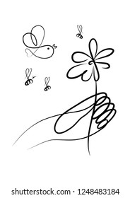 Nice sketching on the topic - do good. An outstretched hand with a flower, over which bees quietly buzz and a little bird flies. Style - linear graphics, smooth, monochrome.
