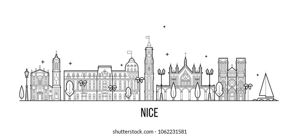 Nice skyline, France. This illustration represents the city with its most notable buildings. Vector is fully editable, every object is holistic and movable