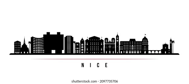 Nice skyline horizontal banner. Black and white silhouette of Nice, France. Vector template for your design. 