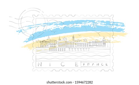 Nice skyline minimal linear vector illustration and typography design, France