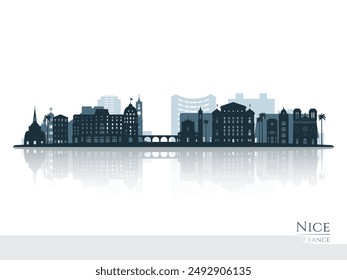 Nice skyline silhouette with reflection. Landscape Nice, France. Vector illustration.