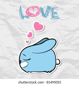 Nice sleeping bunny with hearts on a paper-background. Vector illustration.