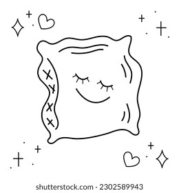 Nice sleeping pillow. Doodle black and white vector illustration.