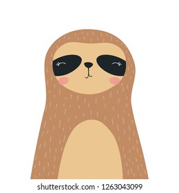 Nice sloth. Vector illustration for printing on postcard, fabric, sticker, advertising poster, banner, clothes. Cute baby background.