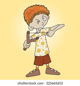 Nice small boy plays with slingshot. Roguish adorable red head. Lovable illustration.