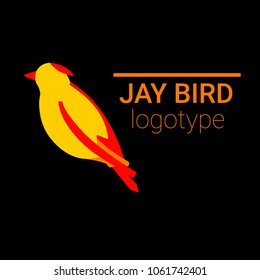 Nice small logo of a bird. Cute jay with red wings and yellow body. Good choice of logotype for your company. Design of vector illustration on the black background.