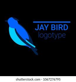 Nice small logo of a bird. Cute jay with blue wings and body. Good choice of logotype for your company. Design of vector illustration on the black background.