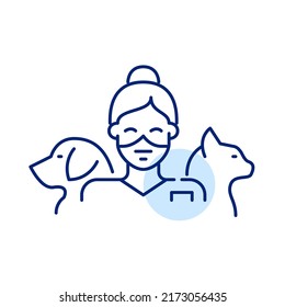 Nice smiling animal doctor with cat and dog. Pixel perfect, editable stroke line art icon