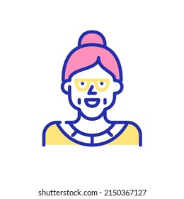 Nice smiling grandmother wearing glasses. Senior person avatar. Pixel perfect, editable stroke fun color icon