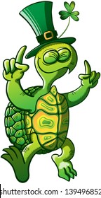 Nice smiling green turtle wearing a big hat with a clover and raising his arms while dancing and celebrating Saint Patrick's Day