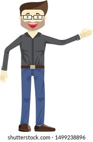 Nice and smiling hand drawn vector guy pointing at blank space in a white background