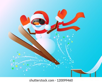 Nice snowman jumps from a springboard on skis