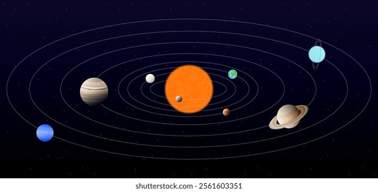 Nice Solar System Illustration with the Sun and Planets. Realistic Illustration.