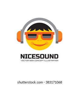Nice sound - vector logo concept illustration in flat style design. Audio mp3 sign. Music icon. Dj symbol. Human head character. Headphones insignia. Record label songs. 