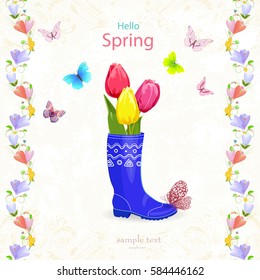 nice spring card with bouquet of tulips in rubber boots for your design