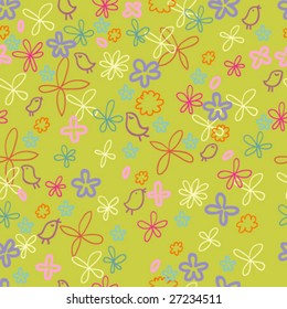 Nice spring floral pattern with cute birds in vector