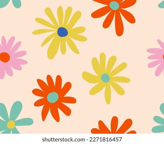 Nice spring flowers design in warm colors, floral retro 70's. Seamless spring pattern ideal for clothes, dresses, shirts, fabrics.