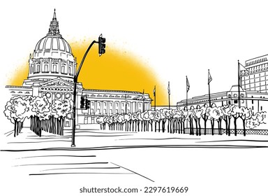 Nice square in San Francisco. Digital illustration. Hand drawn Urban sketch. Line art. Ink drawing. Vector landscape. Without people. Postcard style.