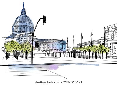 Nice square in San Francisco. Digital illustration on background watercolour. Hand drawn Urban sketch. Line art. Ink drawing. Vector landscape. Without people. Postcard style.