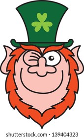 Nice St Paddy's Day Leprechaun winking and smiling in a naughty way while wearing a red beard and a big green hat with a clover