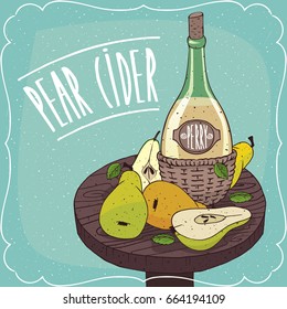 Nice still life on wooden table, perry in round green wine bottle in basket of straw, near whole pears and slices. Realistic hand draw style. Lettering Pear Cider. Vector illustration