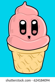 A nice strawberry Ice cream character in kawaii style. Vector illustration
