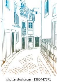 Nice street in Alfama, romantic urban landscape Lisbon.Colorful ink line sketch. Hand drawing. Vector illustration on white background