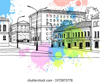 Nice street of old Moscow. Urban landscape. Black and white urban sketch on blobs background. Hand drawn vector illustration. Line art.

