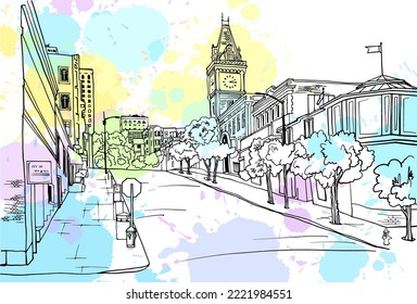 Nice street of the San Francisco. California, USA, Urban landscape. Hand drawn style. Urban sketch. Line art. Ink drawing. Black and white Vector illustration on blobs background. For postcards. 