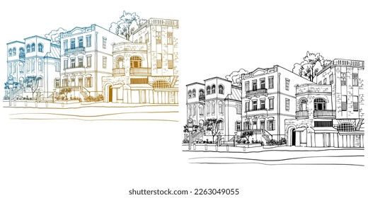 Nice street in Tel Aviv. Colourful and black and white vector illustration. Hand drawn urban sketch. Line art.