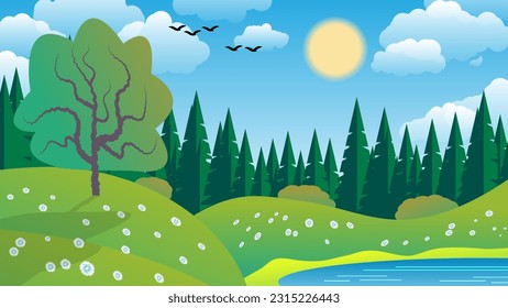 Nice summer landscape. A tree on the flower hills near the lake against the background of bushes, coniferous forest, sky with the sun, clouds, flying birds. Vector.