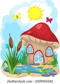 A nice summer picture. Pond with reeds, mushroom house, grass, flowers and butterflies.