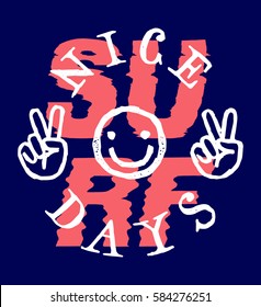 nice surf days - smiley face with victory hand gestures surfing pink print