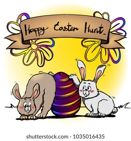 Nice sweet gray and white rabbit sitting with purple easter egg and ribbon vector design.Easter bunny poster. Spring holiday banner. Greeting card. Happy Easter. Colorful eggs. Easter background.