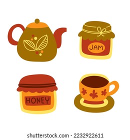 Buen set de té. Tetera, taza, mermelada, miel. Bebidas calientes. Confort en casa. Acogedora colección de otoño. Caricatura vectorial aislada de fondo blanco.
