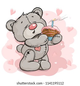 A nice Teddy bear is holding a cake. He's trying to blow out a candle on a cake. Pink background