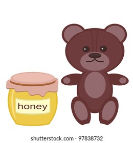 nice teddy bear with honey on white background