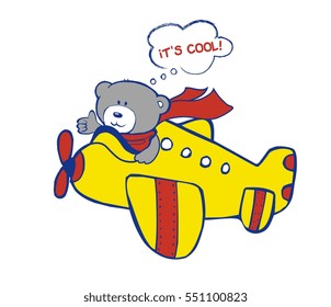 Nice teddy bear is a pilot of a vintage cartoon airplane.